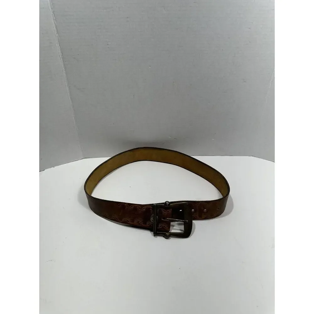 Leather Light Brown Leather Embossed Design Belt Brass Buckle Sz 38 See Pictures